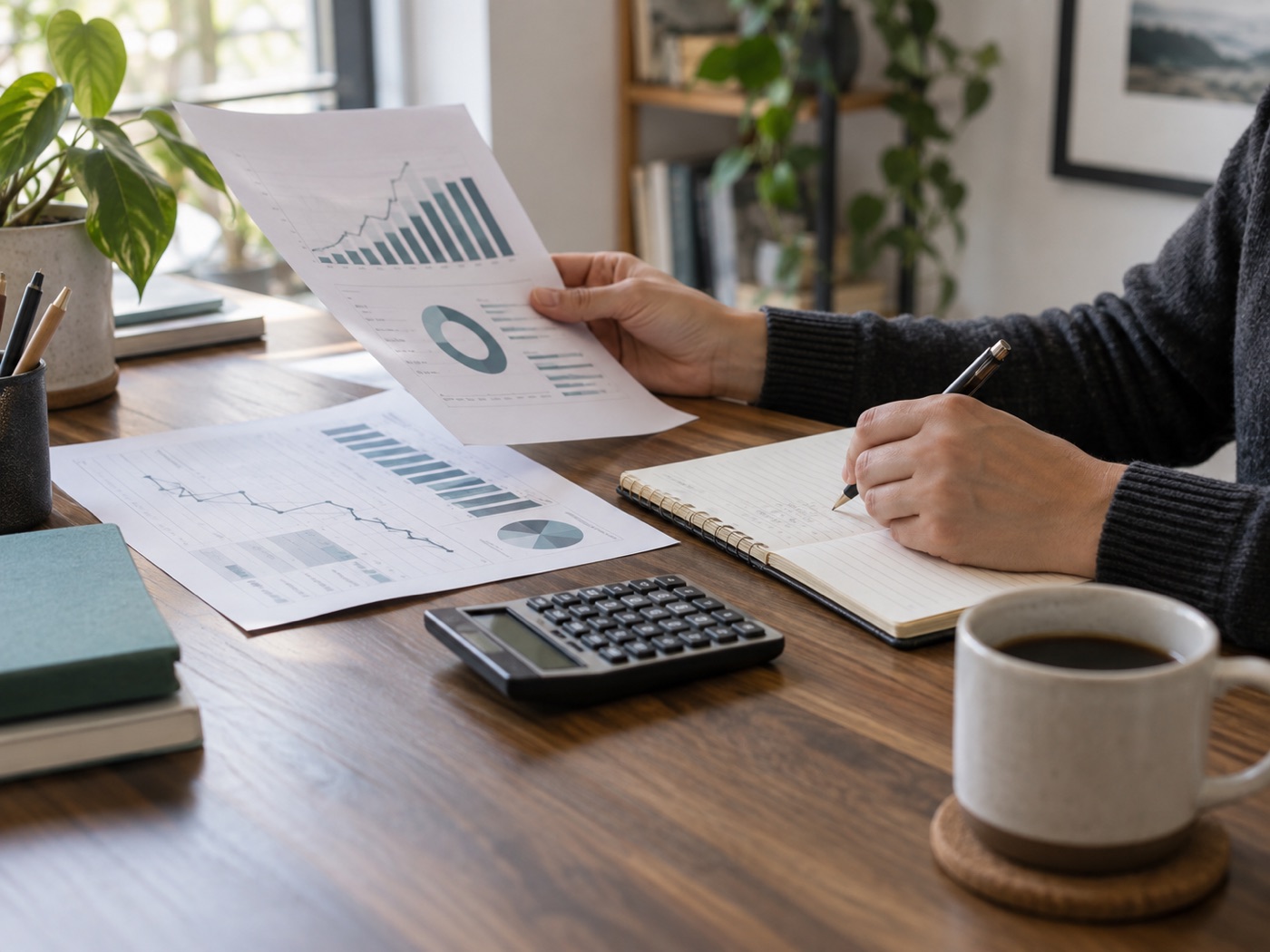 A reader comparing printed financial charts with notes and a calculator