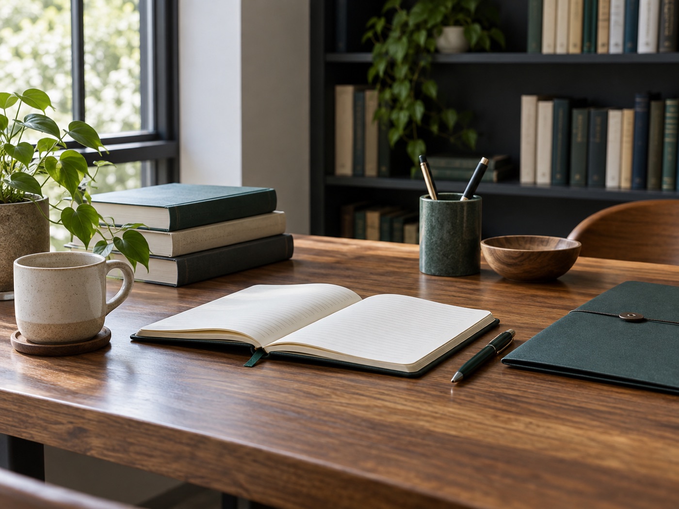 An organized study table with an open notebook and reference books